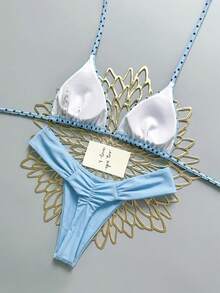 Swim Mod 26SS Spring/Summer Vacation Beach Polka Dot Cute Brown Polka Dot Bikini Set - Blue - View 3