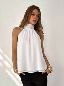 Aloruh Blusa de verano de cuello halter de unicolor casual para mujer - Blanco - Ver 8