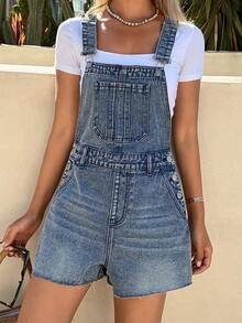 Women's Summer Casual Slant Pocket Frayed Denim Bib Pants - Blue - View 4