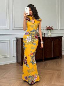 EastFlair Đầm nữ thanh lịch kiểu Trung Quốc in hoa và rồng, cổ tàu. - Màu vàng - Xem 6