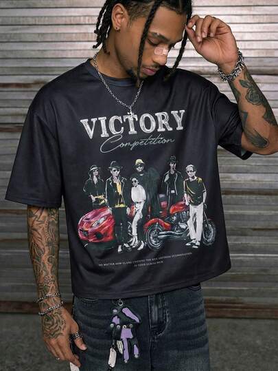 AXEPEAK Áo thun nam cổ tròn tay ngắn in hình tay đua xe thể thao rộng rãi