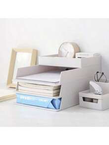 1PC, Desktop Stackable Storage Box, Office Pull-Out File Storage Box A4 Storage Box Desktop Plastic Drawer Stationery Holder Pen Holder - White - View 8