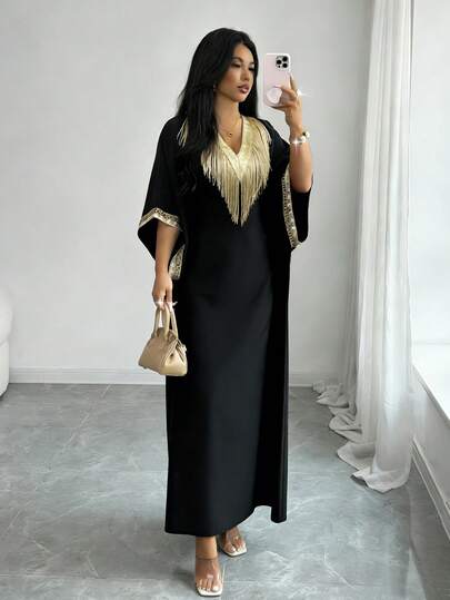 Elenzga 大码女士优雅纯色蕾丝拼接系带长连衣裙，春夏款