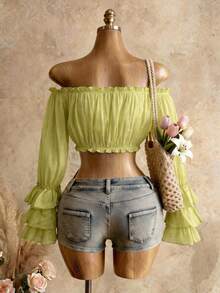 Mistrie 2026新款度假修身沙滩透明单肩褶皱夏季上衣，性感上衣 - 綠色 - 查看 2