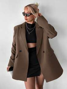 Ritzy Row Women's Casual OVERSIZE Padded Shoulder Mid-Length Double-Breasted Blazer - Coffee Brown - View 3