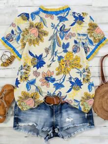 Linhara Plus Size Woven Printed Casual Resort Summer Women's Shirt - Yellow - View 2