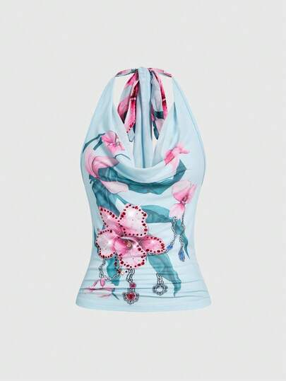 ROMWE Avant Floral & Bird Jewelry Print Stand Collar Fitted Women T-Shirt, New Chinese Style