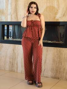 Lupita Cardoza Bộ đồ 2 món áo hai dây và quần in họa tiết chấm bi thường ngày dành cho nữ, mùa hè - màu nâu - Xem 1