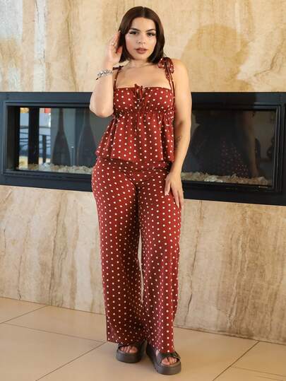 Lupita Cardoza 女士休闲波尔卡圆点印花吊带背心和裤子两件套，夏季
