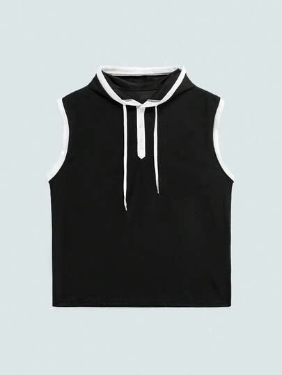 Modcrash Men's Sleeveless Hooded Polo - Style Tank Top - Black With White Trim. Ideal For Summer Casual And Athletic Wear