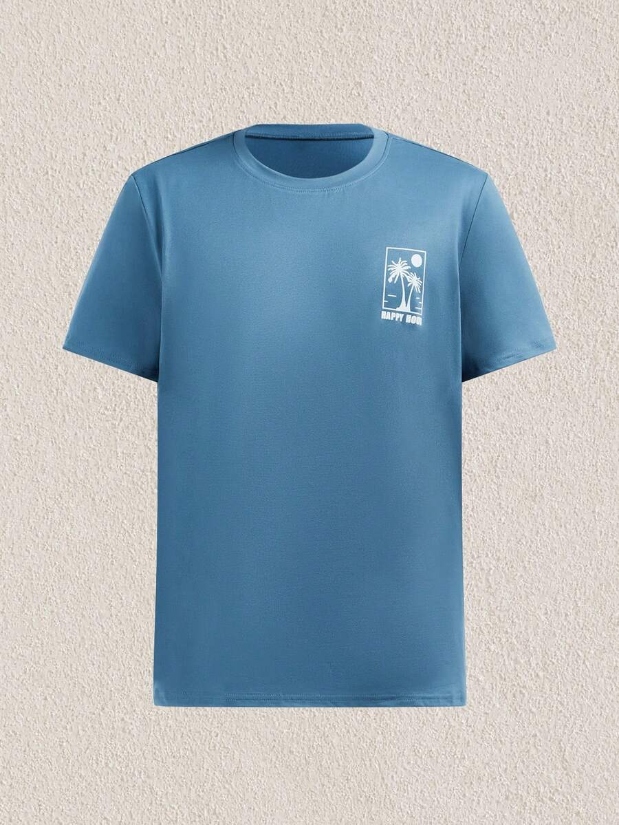Mercer Haus 男士夏季字母棕榈树印花休闲简约短袖T恤 - 藍色 - 查看 1