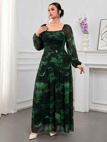 Modelyn Plus Size Elegant Floral Print Dress Fall - Dark Green - View 6