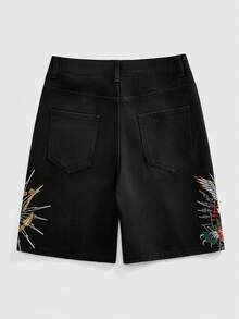 ROMWE MEN Quần short denim nam kiểu dáng thường ngày, thêu hình đại bàng và chữ cái, thích hợp cho mùa hè. - màu đen - Xem 2