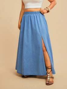 Travachic Plus Size Solid Color High Slit Elastic Waist Denim Skirt - Medium Wash - View 3