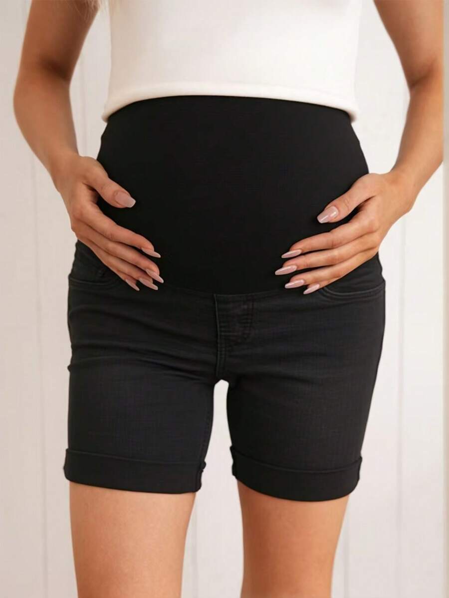 SHEIN 时尚休闲口袋孕妇牛仔短裤，修身弹力孕妇装，春夏款 - 黑色 - 查看 1