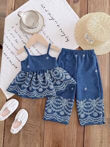 SHEIN LMoss Kids 女婴夏季休闲度假花卉刺绣吊带娃娃衫和阔腿裤套装 - 彩色 - 查看 5