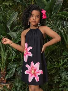 SHEIN Đầm voan họa tiết hoa nhí cổ yếm, kiểu dáng thường ngày, thích hợp cho bé gái tuổi teen đi nghỉ mát. - màu đen - Xem 4