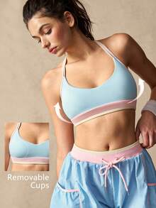 VARSIVA Blue Palette Ss. Women's Sports Bra With Contrasting Blue, Pink, And Yellow Colors; Women's Sports Bra With Criss-Cross Back Straps. Suitable For Fitness Activities, Tennis, Pilates, Yoga, Running, And Everyday Wear, Perfect For Spring, Summer, And Autumn. Looks Of Party .Vanilla Style - Multicolor - View 2