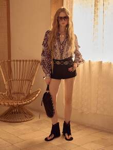 MOTF STUDIO WOMEN'S ALLOVER PRINTED OPEN FRONT RUFFLE TRIM TIE WAIST BLOUSE - Multicolor - View 4