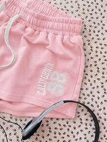 SHEIN Tween Girls' Letter & Number Print Drawstring Waist Casual Versatile Daily Wear Shorts - Pink - View 4