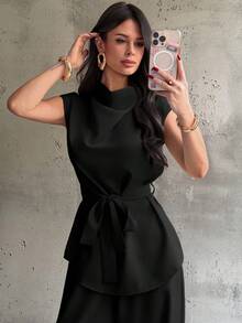 Firerie Bộ đồ nữ thanh lịch, tối giản, thường ngày, phong cách công sở, thời trang thành thị, áo sơ mi cổ xếp ly, tay ngắn, thắt eo và quần ống rộng cạp cao, màu be, 2 món. - màu đen - Xem 2