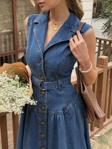 Livesso Holiday Outfit Easter Vacation Summer Cotton Lapel Waist Cinched Solid Color Sleeveless Women Denim Dress - Blue - View 5