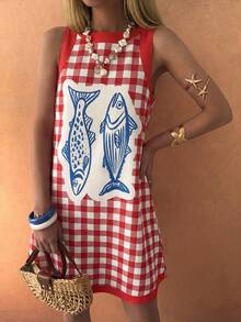 Selianne Vestido suelto sin mangas con estampado a cuadros para mujer, ideal para verano, playa, vacaciones y uso diario - Albaricoque - Ver 4