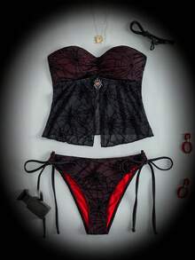 ROMWE Bộ bikini hai mảnh phong cách Gothic dành cho nữ, màu đen và đỏ, họa tiết mạng nhện lưới nhung kết hợp mặt dây chuyền hình nhện, gồm áo quây và quần bơi buộc dây bên hông (dây đeo có thể tháo rời), màu đen/đỏ/đỏ tía, hoàn hảo cho các lễ hội, tiệc tùng, kỳ nghỉ và kỳ nghỉ xuân. Áo tắm tankini phong cách Gothic. Bộ áo tắm tankini dự tiệc lễ hội. Bộ đồ bơi phong cách Gothic Punk. - Nhiều màu - Xem 6