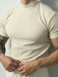 GymBeat Men's Casual Sports Ribbed Knit Mock Neck Short Sleeve T-Shirt, Gym - Beige - View 4
