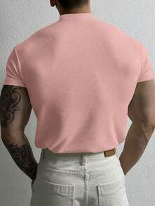 GymBeat Camiseta deportiva de manga corta de punto acanalado de unicolor casual para hombres, verano, gimnasio - Rosa - Ver 2