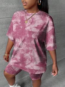 Slaydiva Plus Size Women Tie-Dye Ribbed Drop Shoulder Short Sleeve T-Shirt & Shorts 2-Piece Set - Pink - View 6