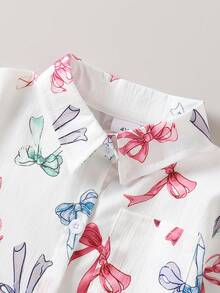 SHEIN Áo sơ mi dài tay in kỹ thuật số hình hoạt hình nơ cho bé gái - trắng - Xem 5