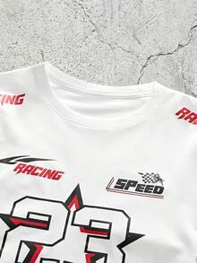 EVRINFINITE 男士赛车速度字母标语 23 图案 T 恤，休闲街头风，“勇敢的生活需要激情”，肩部印花，白色 - 白色 - 查看 4