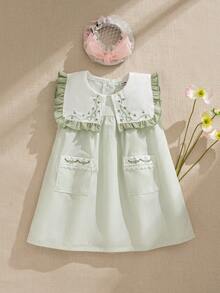 Souflis Souflis Baby Girls' Summer New Arrival Cute Peter Pan Collar Bow Embroidered Floral Trim Pocket Design Open Back Sweet Casual Princess Dress - Green - View 3
