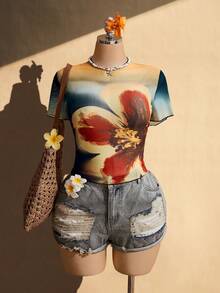 SHEIN ICON 大码女式夏季沙滩度假印花短袖修身薄纱上衣 - 彩色 - 查看 4