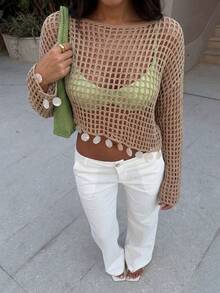 Firerie Top holgado de punto transparente con dobladillo de concha marina para mujer, elegante y casual, adecuada para vacaciones de primavera/verano en la playa - Caqui - Ver 3