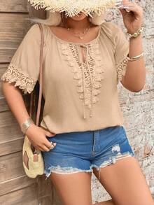SHEIN Holidaya Plus Size V-Neck Lace Trim Raglan Sleeve Tie Collar Blouse - Khaki - View 6
