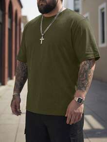 Manfinity Homme Men's Plus Size Solid Color Round Neck Short Sleeve Casual T-Shirt, Summer - Army Green - View 2