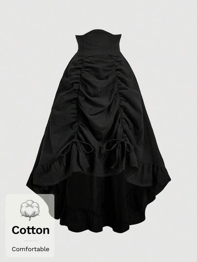 SHEIN MOD 女士高腰不对称下摆半身裙，高腰设计，配有可调节腰带，前摆褶裥，荷叶边装饰，双面可穿，后摆收褶，黑色，复古，优雅