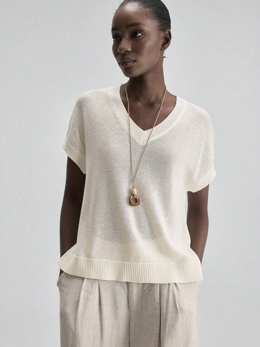Ontre Off-White Summer Effortless Chic V-Neck Linen Knit Jumpsuit For Ladies,Versatile Urban Commute Brunch Resort Music Festival & Spring Holiday Occasions - White - View 1