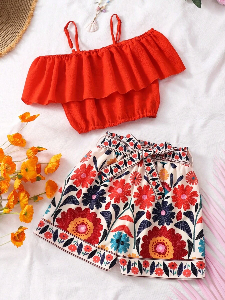 SHEIN Sparklyn 2pcs Tween Girls Orange One-Shoulder Crop Top & Tropical Leaf Print Shorts Set, Spring/Summer Holiday - Orange - View 1