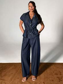 SHEIN 100% Cotton Shirt & Low Waist Balloon Fit Raw Wash Loose Denim Two Pieces Set - Dark Wash - View 4