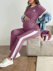 SHEIN 舒适休闲撞色短袖上衣和裤子孕妇套装 - 紫色 - 查看 3
