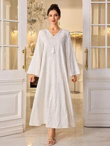 Al Najma Đầm maxi dài tay sang trọng thêu và đính cườm, phong cách truyền thống Thổ Nhĩ Kỳ và Ả Rập. - Màu be - Xem 4