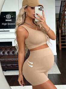 SHEIN Conjunto de sujetador deportivo de espalda nadadora y pantalones cortos de cintura alta de color liso simple para maternidad, ropa de trabajo Word Cup, gimnasio, marrón, verano, hospital - Caqui - Ver 3