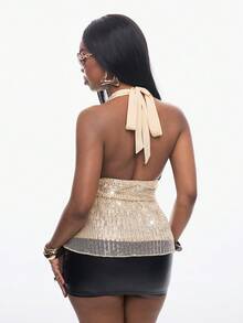 Coolane Women's Spring/Summer Sexy Chic Y2k Casual Elegant Vacation Outfits Sequin Glitter Flower Halter Tank Tops - Beige - View 2