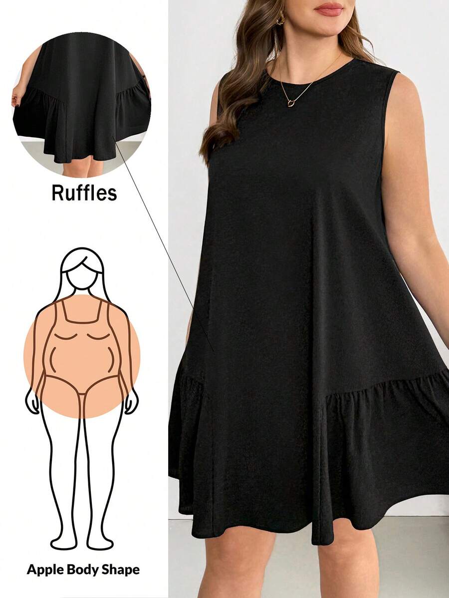 SHEIN Essnce Đầm ngắn không tay màu đen, kiểu dáng đơn giản, thoải mái, dễ mặc hàng ngày, cơ bản, đa năng, chất liệu vải có họa tiết, tôn dáng, thích hợp cho nữ, mùa xuân/hè. Phong cách thời trang đơn giản, trang phục mùa hè, phong cách mùa hè châu Âu. - màu đen - Xem 1