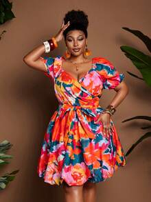 Maweii Plus Size Sexy Square Neck Ditsy Floral Vacation Style Petal Sleeve Dress - Orange - View 4