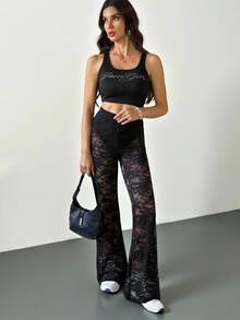 SHEIN Tall Women's Spring Sexy Retro Lace Lined Flared Pants - Black - View 6
