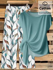 SHEIN Clasi 两件套女士纯棉休闲简约绿色蝴蝶结衬衫和宽松直筒几何印花裤套装，适合春、夏、秋季穿着。 - 彩色 - 查看 1